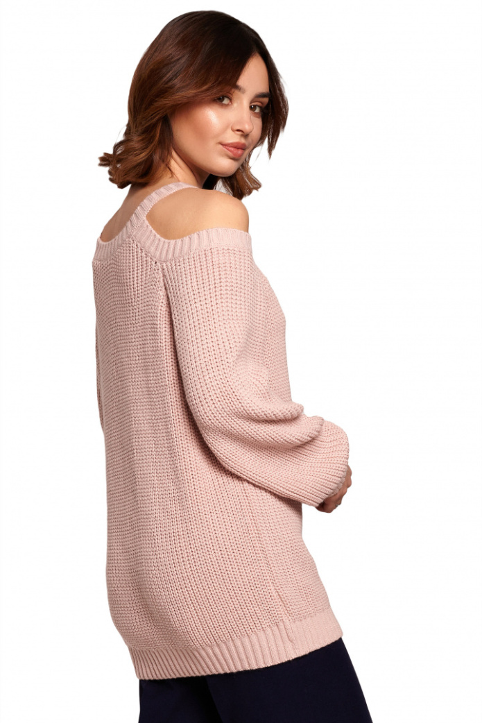 Sweter Damski - Z Wycięciami Na Ramionach - różowy